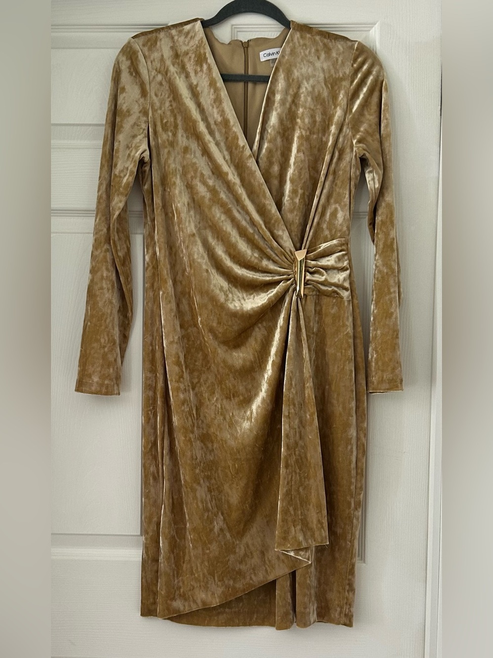 Calvin Klein Gold Velvet Wrap Midi Dress with Side Knot